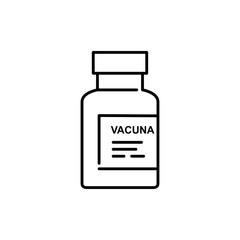 Símbolo vacuna. Icono plano lineal ampolla de vacuna con texto VACUNA en color negro