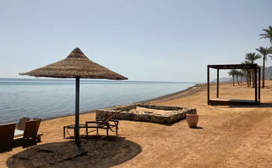 Beach furniture in a beach resort in Egypt