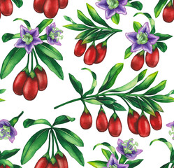 Obraz premium Seamless pattern of watercolor goji berries, flowers and leaves.