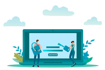 Computer security.People with a key and lock near the computer with the word password.Flat vector illustration.