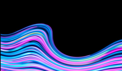 Neon ribbons, colored lines, holographic metal foil rainbow wave abstract texture background.