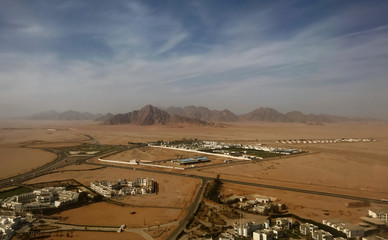 An aerial view of human settlements in the mountainous desert of South Sinai, Egypt