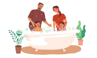 Together bathing boy and girl in the bathroom vector illustration in flat style. Parents bathe little children in the bathroom. Toddlers, kids in bathroom. Cartoon characters.