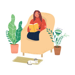 A woman is sitting in a chair and reading a book. A young woman or teenager is relaxing in a chair at home and reading a book. Calmness, peace of mind and relaxation. Vector illustration.