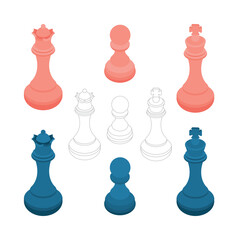 Chess pieces set. Chess king, queen and pawn vector illustrations set. Part of set.