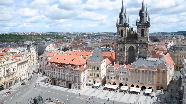 PRAGUE, CZECH REPUBLIC, JULY 6,2016: Aerial tilt shot of Old Town Square, a historic square in the Old Town quarter of Prague, the capital of the Czech Republic. 