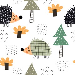 seamless pattern with cartoon hedgehogs, spruce, decor elements. colorful vector for kids, flat style. Baby design for fabric, textile, print, wrapper.