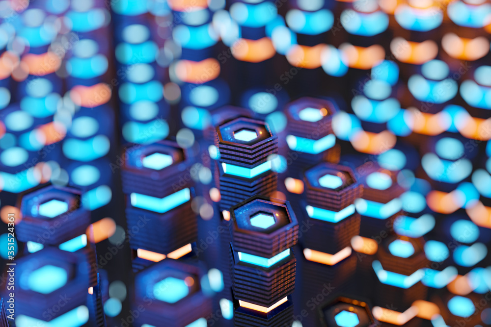 Poster metallic black blue and orange glowing hexagons moving pillars background 3d rendering