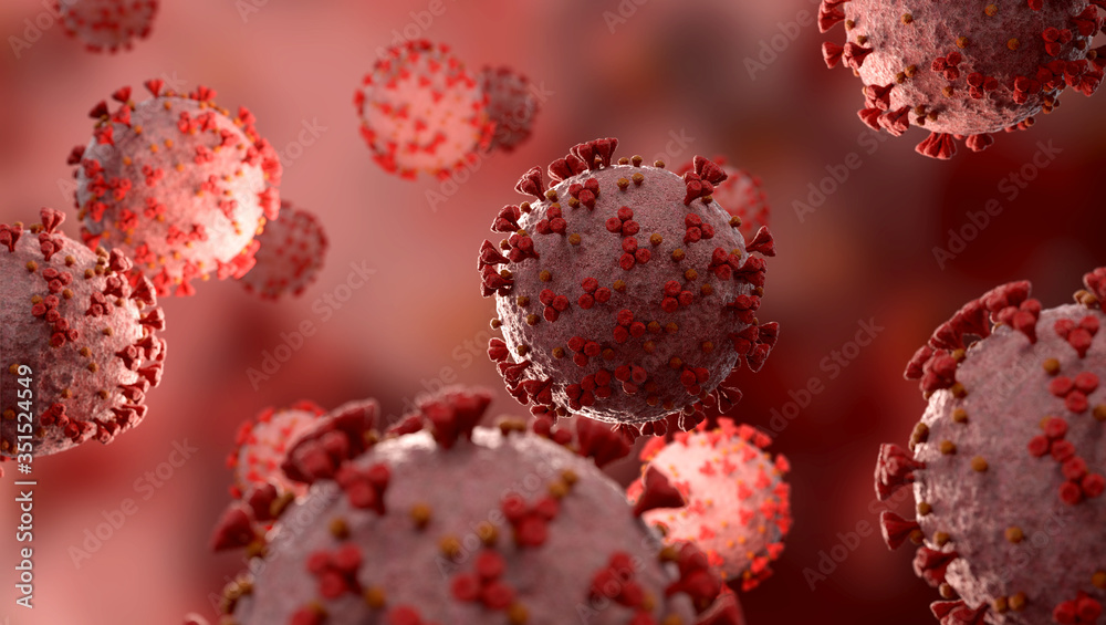 Poster microscopic close-up of the covid-19 disease. coronavirus illness spreading in body cell. 2019-ncov 