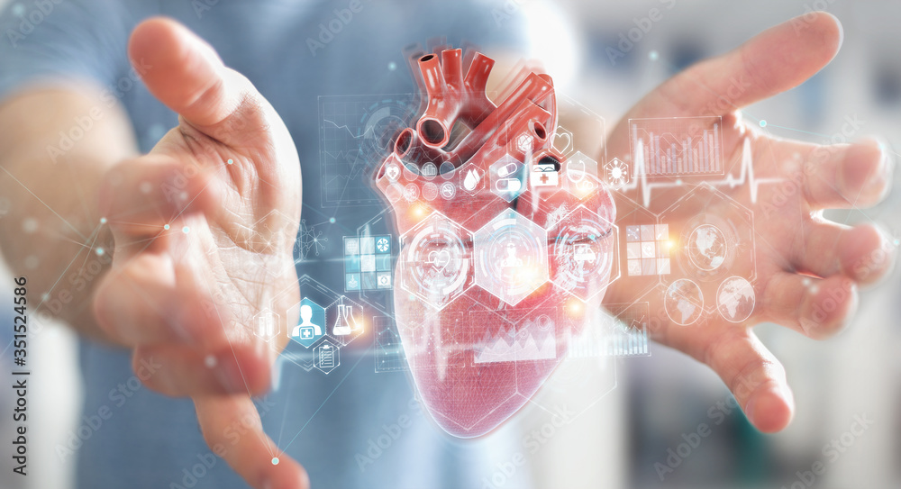 Poster man using digital x-ray of human heart holographic scan projection 3d rendering
