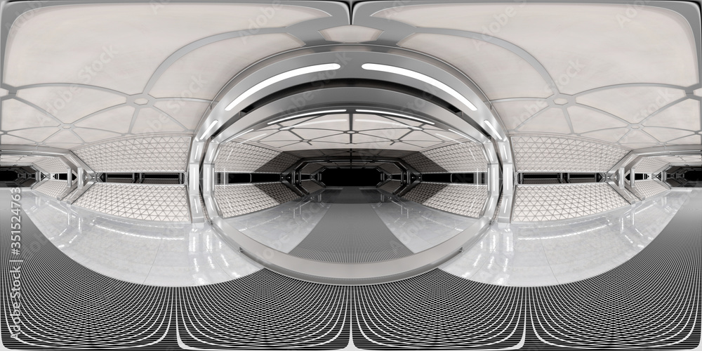 Poster High resolution HDRI panoramic view of white spaceship interior. 360 panorama reflection mapping of a futuristic spacecraft room 3D rendering