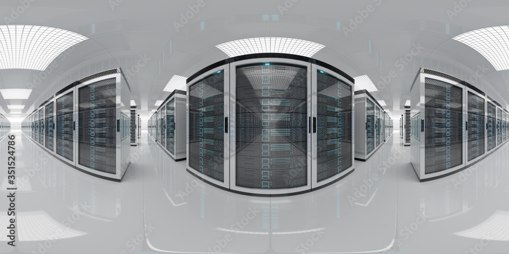 Fototapete High resolution HDRI panoramic view of a server data room center. 360 panorama reflection mapping of a computer storage system interior. 3D rendering