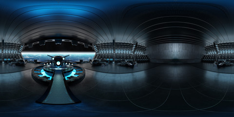 High resolution HDRI view of a dark blue futuristic landing strip spaceship interior. 360 panorama reflection mapping of a huge shed interior 3D rendering