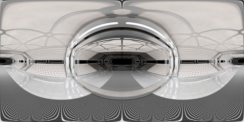 High resolution HDRI panoramic view of white spaceship interior. 360 panorama reflection mapping of a futuristic spacecraft room 3D rendering