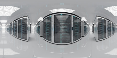 High resolution HDRI panoramic view of a server data room center. 360 panorama reflection mapping of a computer storage system interior. 3D rendering