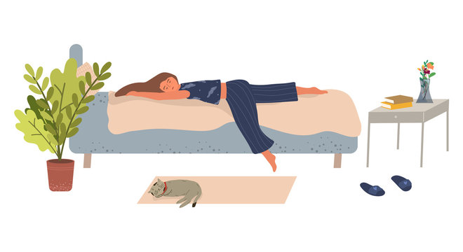 Young woman lies on the bed and sleeps vector illustration in flat style. The concept of depression, apathy and laziness. A girl cannot get out of bed. Fatigue and depression. Cartoon style.