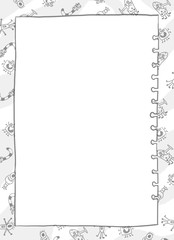  Illustrated black and white epmty notepad sheets with funny doddles aliens animals and 
space rockets on notepad fields 