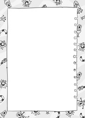  Illustrated black and white epmty notepad sheets with funny doddles aliens animals and 
space rockets on notepad fields 
