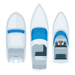 Speed boats top view. Sped boats top aerial view realistic vector illustrations set. Part of set. 