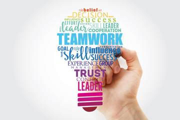 Teamwork light bulb word cloud, business concept background
