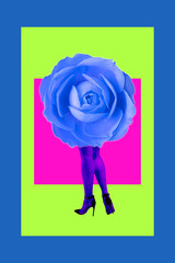 Rose bud and woman's beautiful legs in acid color tights and high heels shoes on a colorful background. Disco light, surreal art. Funny modern art collage in magazine style, pop art, zine culture.