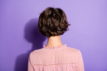 Back rear behind view photo of charming lovely girl dont show her face wear good look clothes isolated over shine color background