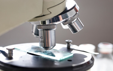 Close-up microscope in a medical office. Healthcare concept.