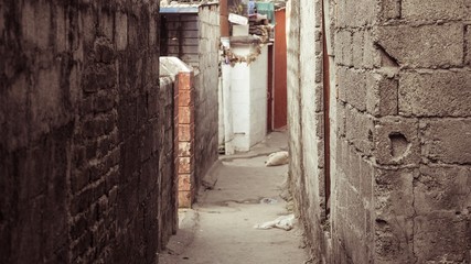 Fototapeta na wymiar An alleyway with white brick wall in between