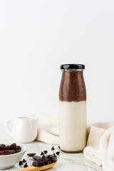 Chocolate milk in bottom glass on white wood background,Fresh chocolate milk with copy space banner cover background.