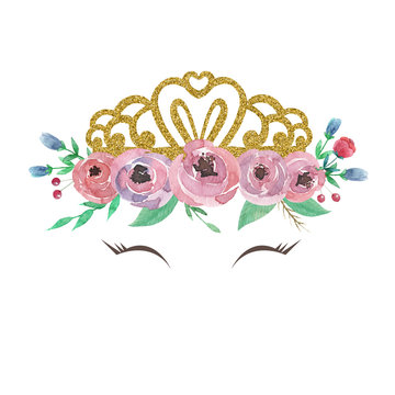 Hand drawn watercolor little princess crown with floral arrangement and eyes lashes