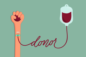 Blood donation concept illustration. Donor's hands connected with blood transfusion bag.