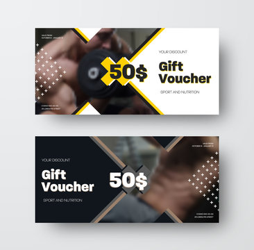 Presentation of design of a vector gift card on the theme of sports and nutrition, black and white voucher with crosses, discount coupon for products.