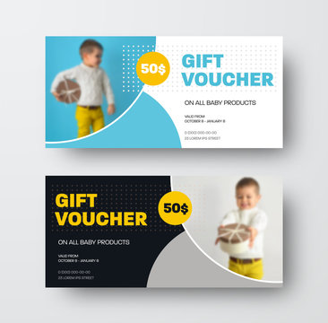 Presentation of design of vector gift voucher, with circles, dots and place for photo, for children's products, certificate with special offer.