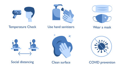 Coronavirus COVID-19 prevention policies icon for reopen restaurant or store : Temperature check, use hand sanitizer, wear a mask, keep social distancing, clean surface. Vector sign