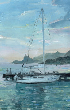 Oil sketch with a yacht and a pier. Two lovers on the pier. The mountains.