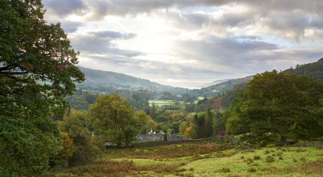 Views of Rydal, Ambleside and Lake Windermere in the distance in the Lake District.