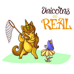 Hand-drawn vector illustration of an unicorn and cheerful motto