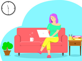 Work from home, Home office, study from home concept. Woman wear glasses siting on chair and working on laptop.