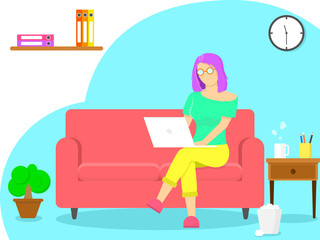 Work from home, Home office, study from home concept. Woman wear glasses siting on chair and working on laptop.