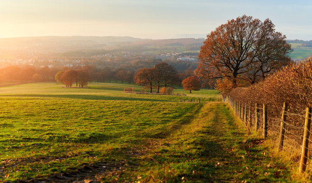 Sunset over farmland and trees in autumn with golden brown leaves on the trees in England, UK.
