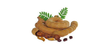 fresh tamarind fruits and leaves isolated on white