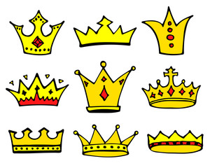 Crowns logo doodle collection. Hand drawn princess or queen crown icons set isolated on white. Vector illustration