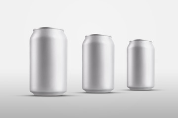 Mockup of standing little tin cans with a refreshing drink, for design presentation.