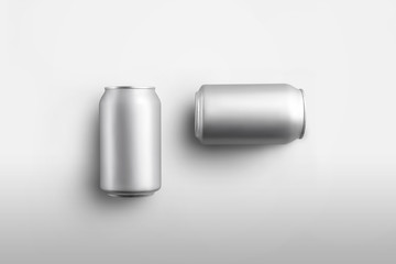 Set of shiny tin cans with sparkling water, aluminum containers for juice and alcohol, with realistic shadows, for design presentation.