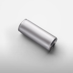 Presentation mockup with shiny tin can design for a refreshing drink, an aluminum juice bottle, with realistic shadows, isolated on a white background.