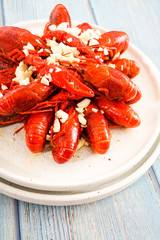 Chinese food with minced garlic and crawfish