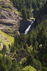 Cerler, Huesca/Spain; Aug. 21, 2017. Hiking along the route of the three waterfalls of Ardones in the town of Cerler in the summer holidays.