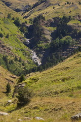 Cerler, Huesca/Spain; Aug. 21, 2017. Hiking along the route of the three waterfalls of Ardones in the town of Cerler in the summer holidays.