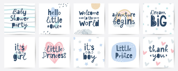 set of vector cards for baby shower party - obrazy, fototapety, plakaty