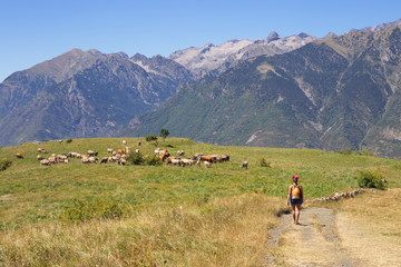 Cerler, Huesca/Spain; Aug. 21, 2017. A woman hiking along the route of the three waterfalls of...
